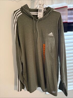 adidas Olive Green Long Sleeve Hooded Shirt with White Stripes